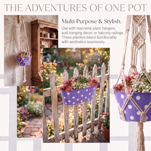 Image of TrustBasket Dotted Oval Railing Planters Basket - Purple (Set of 5) | Heavy-Duty UV Stabilized Metal Flower Pots for Railings, Fence & Balcony, Indoor Outdoor Herb, Flower & Decorative Plants