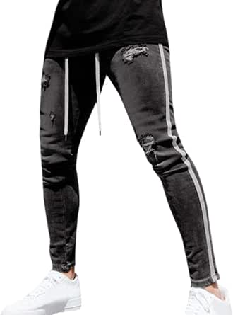 Men's Stretch Slim Fit Ripped Jeans - Distressed Denim Pants, Flex Waist, Skinny Straight Leg