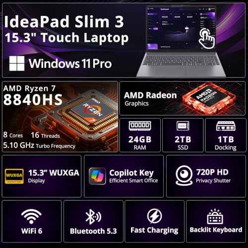 Image of Lenovo IdeaPad Slim 3 15.3 inch WUXGA Touch Laptop, AMD Ryzen 7 8840HS, 24GB RAM, 3TB Storage(2TB SSD +1TB Docking Station), AMD Radeon 780M, Wi-Fi 6, Backlit Keyboard, Webcam, Win11 Pro, Gray