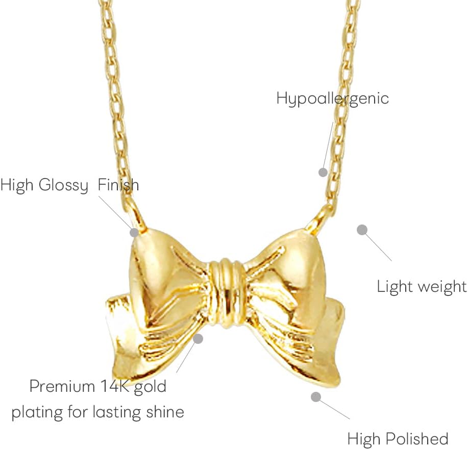 Solid Bow Ribbon Pendant Necklace, 3D Ribbon Design, Cute & Feminine Jewelry, Dainty Everyday Chain Necklace, Gift for Women, Message Card, 16+2" Chain, Gift for Her, Minimalist Necklace (Yellow Gold) - Image 3
