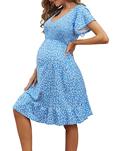 Domee Vestido de maternidad con estampado floral con cuello en V, midi acampanado, mangas cortas fruncidas, con volantes, para verano, bohemio, baby shower, sesión de fotos, Manga corta Azul, S