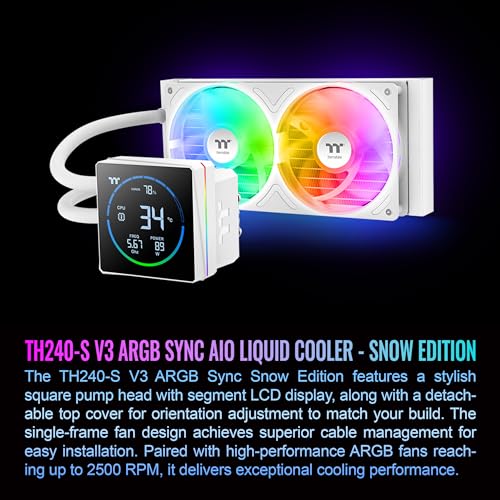 Image of Thermaltake TH240-S V3 ARGB CPU Liquid Cooler; Intel /AMD; 1x240mm 500~2500rpm Single Frame ARGB Fan; 3.95 inch Segment Code LCD; Rotatable Pump Head; TT Segment LCD Software; Snow; CL-W471-PL12SW-A