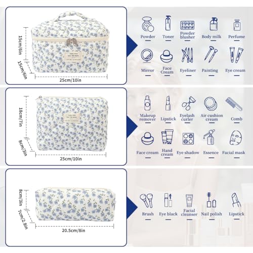 Medium Makeup Bag Quilted Cosmetic Bag, Big Floral Make Up Bag for Women Girls, Cute Cotton Makeup Bag, Flower Travel Toiletry Organizer Bag(Rhombus Pink Flower)2