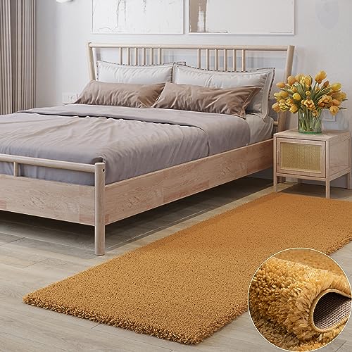 MY-RUG Shaggy Star kuscheliger Langflor Teppich, Rutschhemmende Unterseite, extra Langer Hochflor 37 mm, Pflegeleicht, Super Soft, Felloptik, Gold, gelb, senf, Läufer 250 x 80 cm