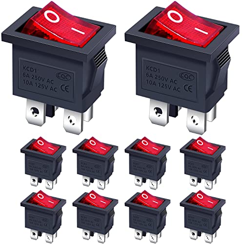 Taiss 10 pièces Interrupteur à Bascule 2 positions 4 broches DPST Interrupteur ON/OFF avec rouge LED 6A 250V AC pour Voiture Camion Bateau électroménagers...
