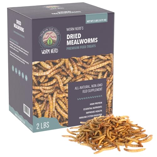 Worm Nerd WN59 2LB Dried Mealworms Non-GMO High Protein and Fiber Treat for Chickens, Birds, Reptiles, Amphibians, Fish