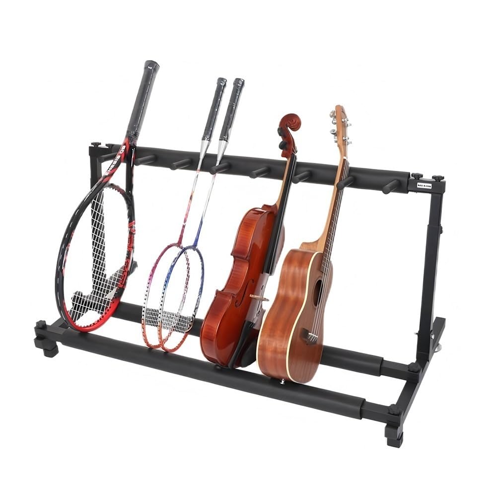 Soporte de metal ajustable para organizar raquetas y guitarras con total seguridad