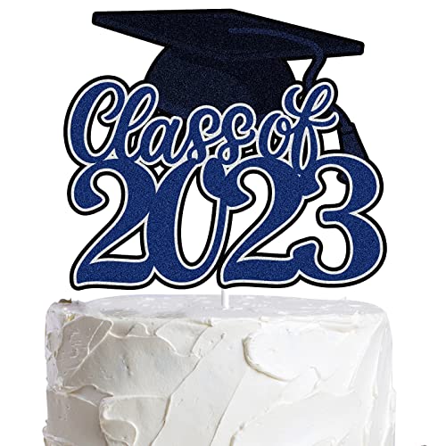 Class Of 2023 Graduation Cake Topper Black Blue Glitter Congrats Grad Cake Decorations Congratulations Grad 2023 Party Supplies #TOP25