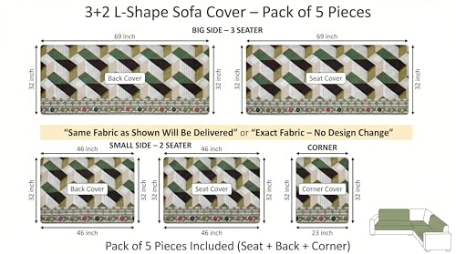 Image of Luxury Sofa Cover L Shape 5 Seater with Matching Cushion Cover 16x16 inch - Royal Green Chevron 3+2 Seater (5 Seater) Quilted Sofa Cover Set Pack of 10, Washable, Green Multicolor