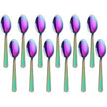 MINGYU 12-Piece Colorful Teaspoons Silverware Set - 6-inches Rainbow Elegant Line Stainless Steel Small Spoons Coffee Spoon Tea Spoons Cutlery for Daily Use/Catering/Party, Dishwasher Safe