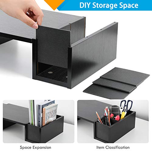 LORYERGO Dual Monitor Stand Riser - 3 Shelf Screen Laptop Stand with Storage Accessories Slots, Length and Angle Adjustable Desktop Stand Storage Organizer for Computer, Laptop