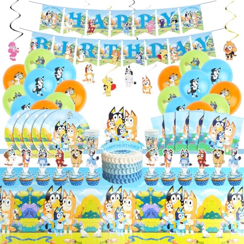 Menelos 91PCS Blue Deko Kindergeburtstag Blue Luftballon Geburtstagsdeko Partygeschirr Set mit Pappteller Tortendeko Servietten Tischdecke Happy Birthday Banner und Becher für 10 Personen