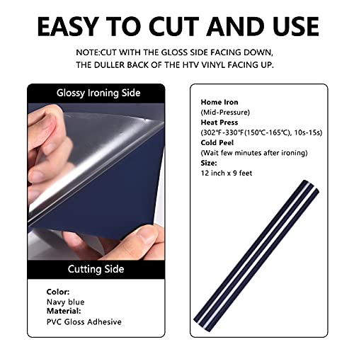 Image of FUNKAKA Heat Transfer Vinyl Rolls, 12 inch x 9ft Navy Blue Iron on Vinyl | Glossy HTV Vinyl for All Cutter Machines for Shirts - Easy to Cut & Weed for Heat Vinyl Design