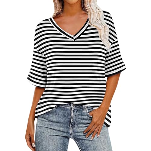 Camiseta de manga corta para mujer, cuello en V, casual, a rayas, para verano, cómoda, para salir, básica, para vacaciones, Negro, L