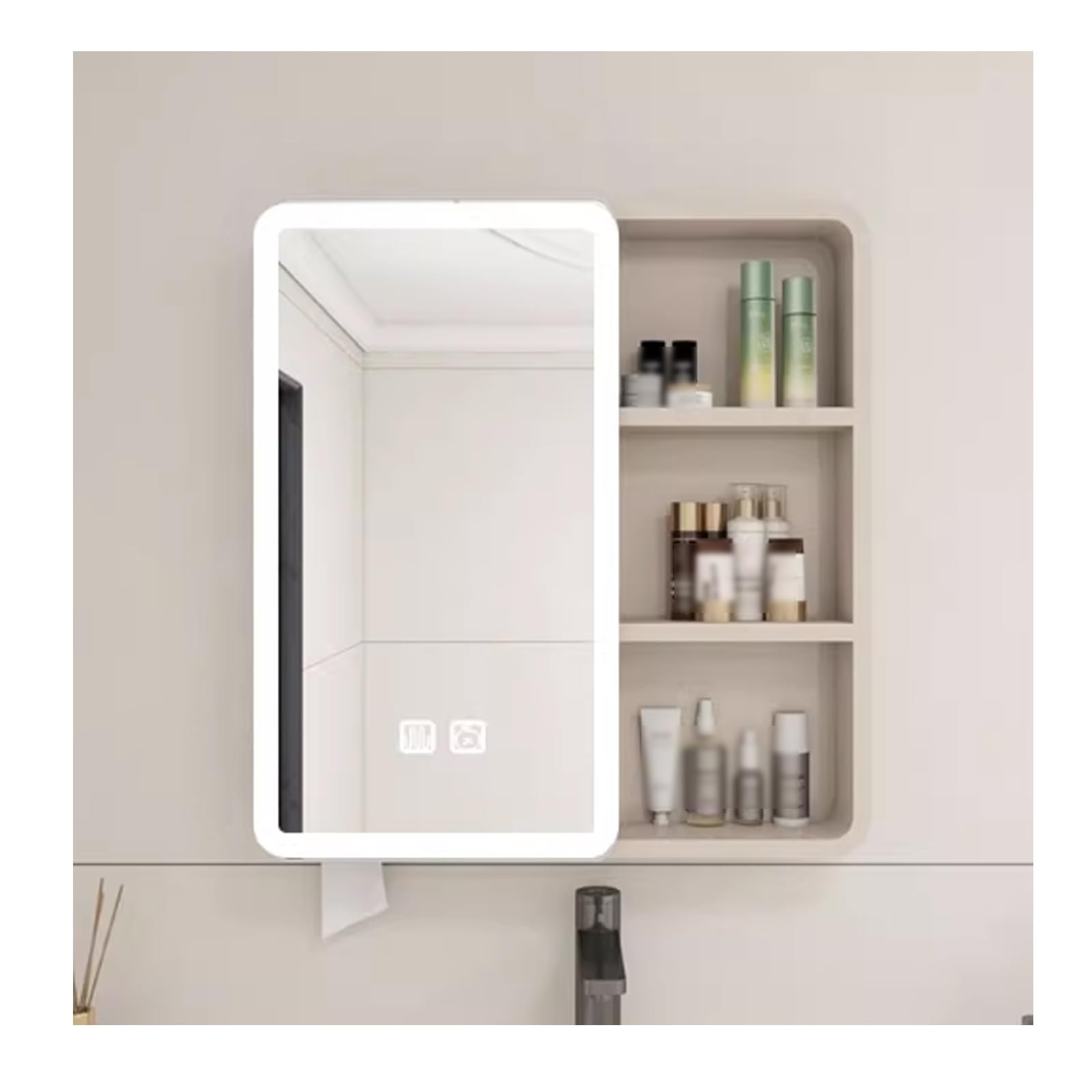 Armario de pared con espejo de baño con iluminación LED e interruptor táctil antivaho, acabado café, 70 cm, elegante solución de almacenamiento para baños modernos