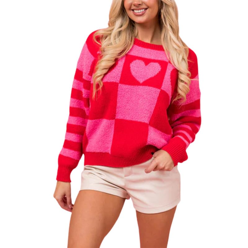 Image of Women Heart Print Knit Pullover Sweater Long Sleeve Round Neck Love Pattern Sweaters Trendy Valentine Knitted Sweater