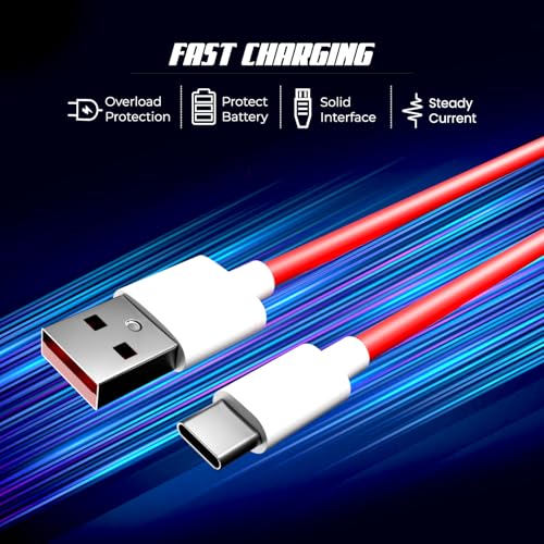Image of Vismac 80W Fast Charging USB A to Type C Cable | Turbo Charge & Data Sync | Tangle-Free Design | Compatible with All Type-C Smartphones & Tablets | 1M (Red)