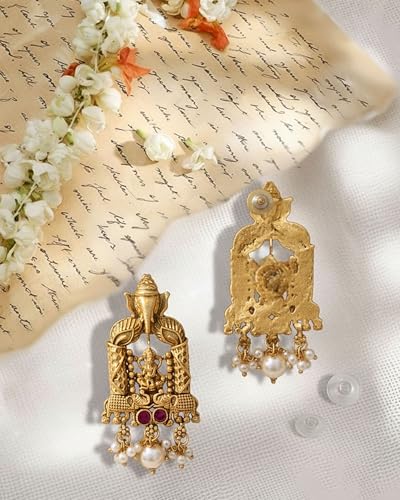 Image of Mansiyaorange Matte Gold South Indian Maa Lakshmi & Ganesha Motif Kundan Pearl Stone Stud Earrings