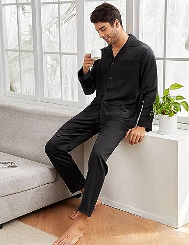 SWOMOG Couples Pajamas Womens &Mens Matching Pajamas Set Silk Satin Pj Set Long Sleeve Button Down Sleepwear 2 Pcs Loungewear3