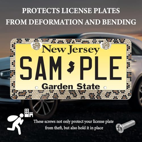 SHMZK 2PCS Bling License Plate Frame, Handcrafted Rhinestone License Plate Holder with Mounting Kit, Sparking Diamond Stainless Steel License Plate Cover for Women, Car Accessories (Leopard)