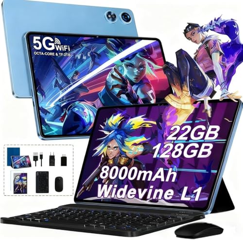 Tablet Android - Octa-Core 2.0GHz｜22GB RAM + 128GB ROM（Expandible 2TB ）｜8000mAh｜5G WiFi /Bluetooth 5.0｜Cámara Dual｜GMS Certificación Widevine L1｜1280*800｜Tablet 10 Pulgadas con Teclado y Raton - Azul