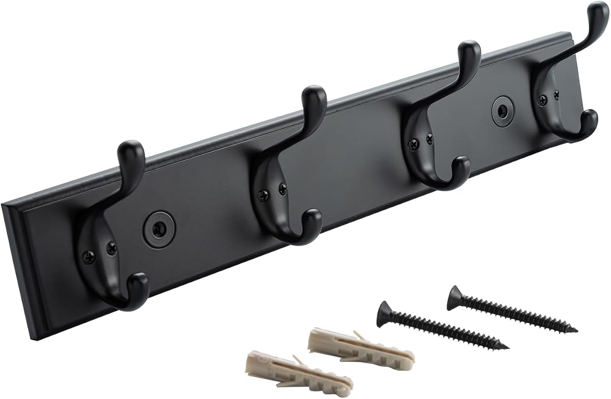 Wall Mounted Coat Rack, 16 Inch MDF Board with 4 Double Hooks, Black | 35 Lb Load Capacity, Aluminum Alloy Double Hooks Hold Coats, Hats, Towels, Keys And Bags, Complete Hardware For Easy Setup