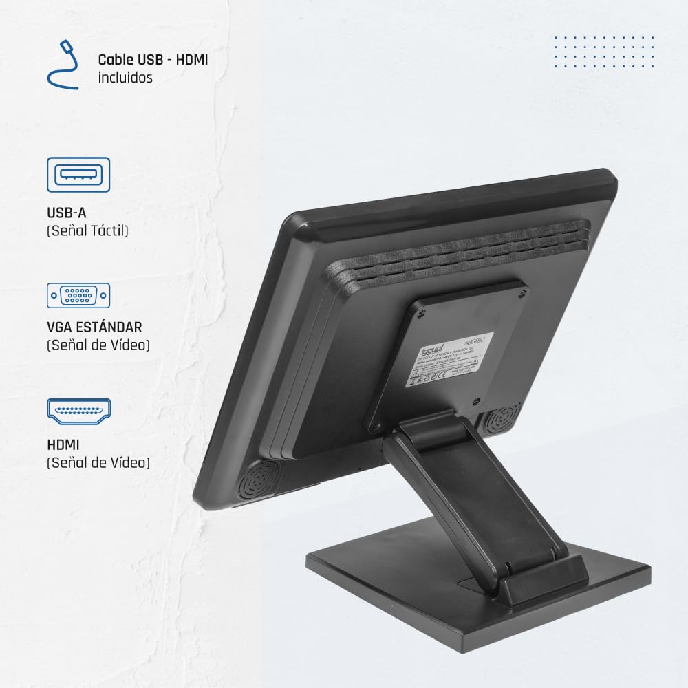 iggual Monitor Táctil de 15" - Compat Aplicaciones TPV- Panel Resistivo 75Hz TFT LCD (4:3)- SO: Wind XP hasta 11,MS-Dos, Linux- VESA 75x75mm- USB-A + VGA+HDMI, 1.024x768 XGA (349x274x69) MTL15C