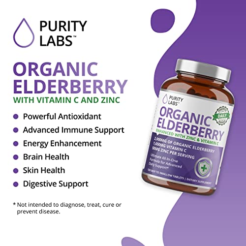 Purity Labs Organic Elderberry - Immune Support Supplement Enhanced With Zinc And Vitamin C - Vegan Supplements For Daily Use - 120 Tablets #TOP4