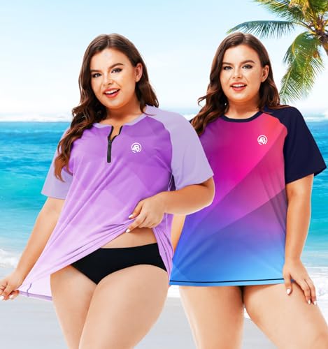 Image of AOBUTE Women Plus Size Rash Guard Zipper Short Sleeve SPF Swim Shirts