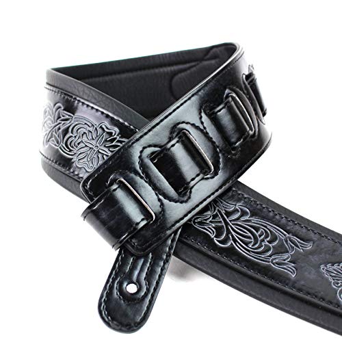 Walker And Williams GB-20 Sangle en cuir rembourré avec motif fleur de lys et chaîne française Noir denim - Les Beatles, Paul McCartney, John Lennon, RIngo Starr, George Harrison Walker And Williams GB-20 Sangle en cuir rembourré avec motif fleur de lys et chaîne française Noir denim – Image 3