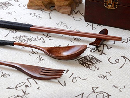 Forestime Japanese Wooden Chopsticks Spoon Fork Tableware 3Pcs Set New Gift (1 Set, Brown) #TOP2