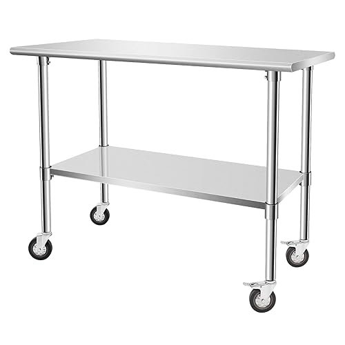 Hasopy Mesa de acero inoxidable de preparación de alimentos de 48 x 24 pulgadas, banco de trabajo resistente con estante inferior ajustable, mesa de