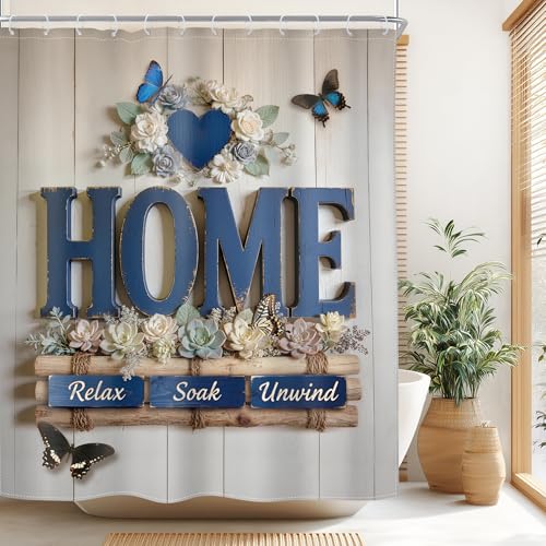 Image of Riyidecor Rustic Floral Shower Curtain Blue Wood Country Farmhouse Flowers Botanical Plant Leaf Wooden Home Vintage 60Wx72H Inch Love Words Fabric Decor Bathroom Polyester Waterproof 12 Pack Hooks
