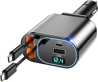 Retractable Car Charger 123W Car Phone Charger Car Power Adapter with Dual USB C Cables USB A PD QC 4 in 1 Fast Charging Cigarette Lighter for iPhone 16/15 Samsung Galaxy S25/S24 Ultra MacBook, Laptop
