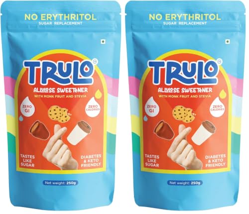 Image of Trulo Allulose Sweetener with Monk Fruit and Stevia | NO ERYTHRITOL | Natural Zero GI Sugar Replacement | Zero Calorie, Keto & Diabetes Friendly | For Beverages, Baking & Desserts 250g (Pack of 2)