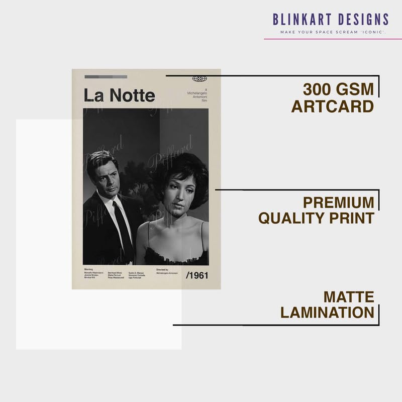 Image of BLINKART La Notte Movie Poster Frame 8x12 Inch | Premium 300 GSM Paper Wall Print | Mid Century Vintage Film Artwork for Home, Bedroom, Living Room, Office | Framed Photo Decor