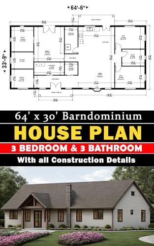 64' x 30' Custom Barndominium House Plan : 3 Bedroom & 3 Bathroom with AutoCAD File: With all Construction Details