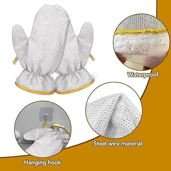 Image of GYOU Wire Dishwashing Gloves I Multipurpose Steel Washing Rags I Heat Insulation Anti-Hot Waterproof & Durable Reusable I Non-Scratch Glove for Kitchen Sinks Pots Pans Cleaning (2 Pair)