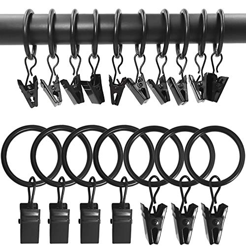 Image of AMZSEVEN 100 Pack Metal Curtain Rings with Clips, Drapery Clips with Rings, Drapes Rings 1 inch Inner Diameter, Fits Diameter 5/8 inch Curtain Rods, Black