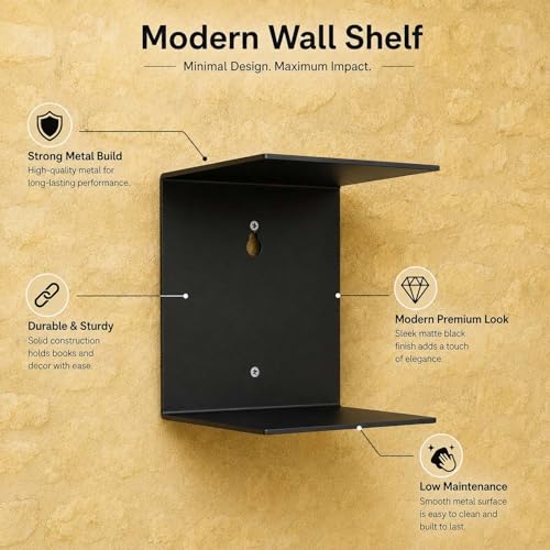 Image of Go Hooked Heavy Duty Metal Wall Mounted Book Shelves for Study Room, Living Room and Bedrooms (2 Pcs) (Black)