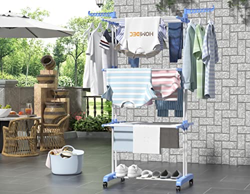 HOMIDEC Clothes Drying Rack, Large 4-Tier Foldable Drying Rack Clothing (67.7H x 19.7W x 30L Inches), Movable with 4 Castors. Multifunctional Stainless Steel Laundry Drying Rack, Blue