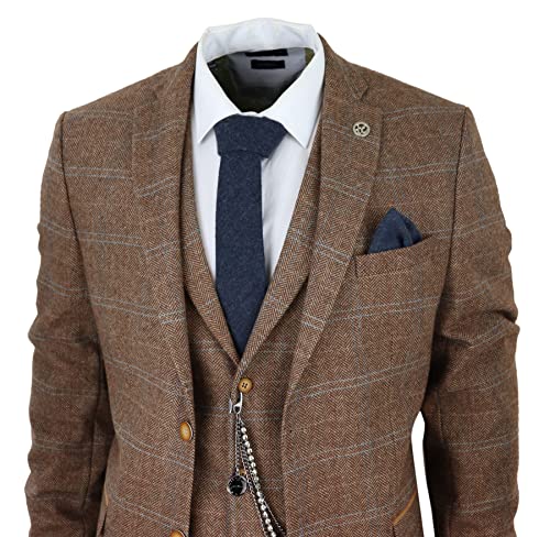 Men's 3 Piece Suit Wool Tweed Herringbone Tan Brown Blue Check 1920s Gatsby Formal Dress Suits4