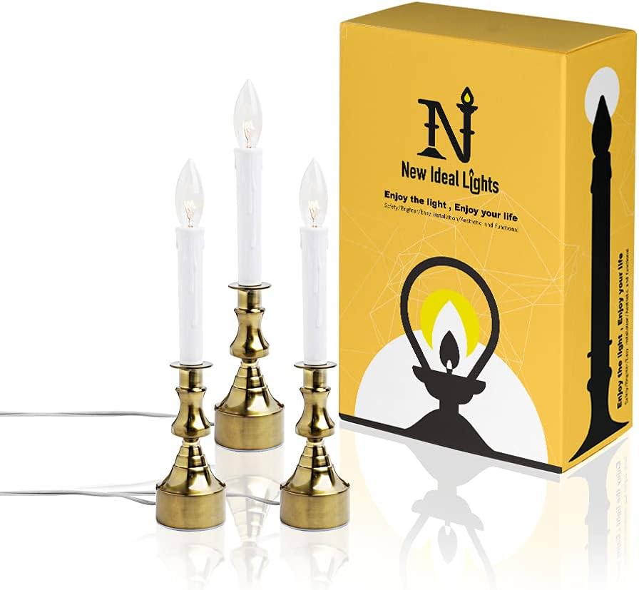 Dimmable Window Candle Electric with Multi Timer IR Controller, Metal Base Christmas Window Candles UL Listed 3 Pack with 2 Extra Replacement Bulb (Brass)