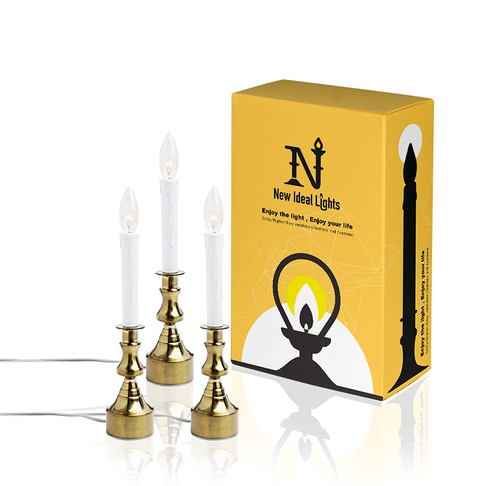 New Ideal Lights Dimmable Window Candle Electric with Multi Timer IR Controller, Metal Base Christmas Window Candles UL Listed 3 Pack with 2 Extra Replacement Bulb (Brass)
