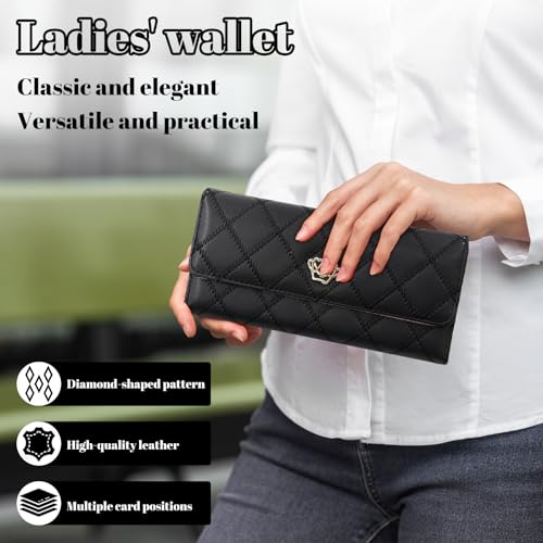 Women's Long Tri-fold Wallet Leather Card Holder Purse Zipper Buckle Elegant Clutch Wallet Handbag for Women Black4