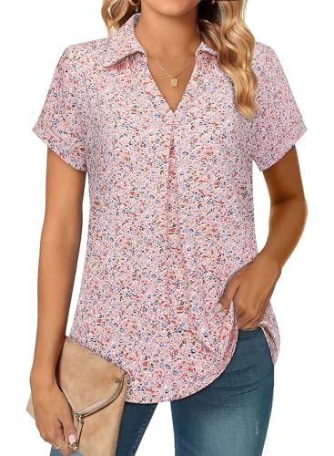 Siddhe Damen T-Shirt, Casual Kurzarm Bluse Floral Longshirt mit Blumen V Ausschnitt, Sommer Tunika Longbluse Lässige Shirt Oberteil für Strand, Rosa...