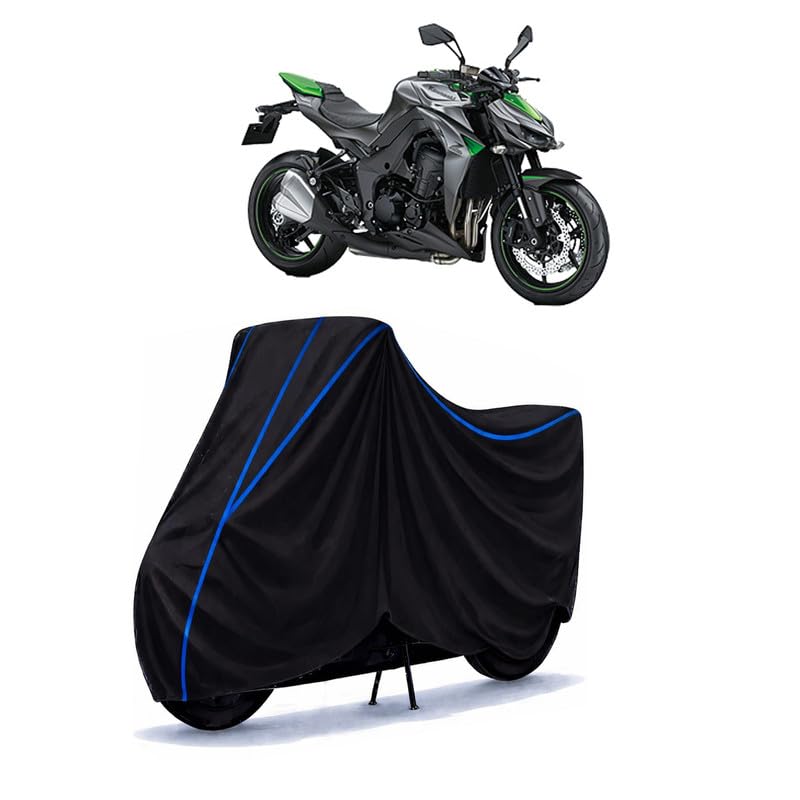 Image of Z 900RS Bike Cover Water Resistant Universal Motorcycle Rain | Heavy Duty UV Protection, Dust, Scratch Indoor Outdoor All Weather with Black Blue Piping Elastic
