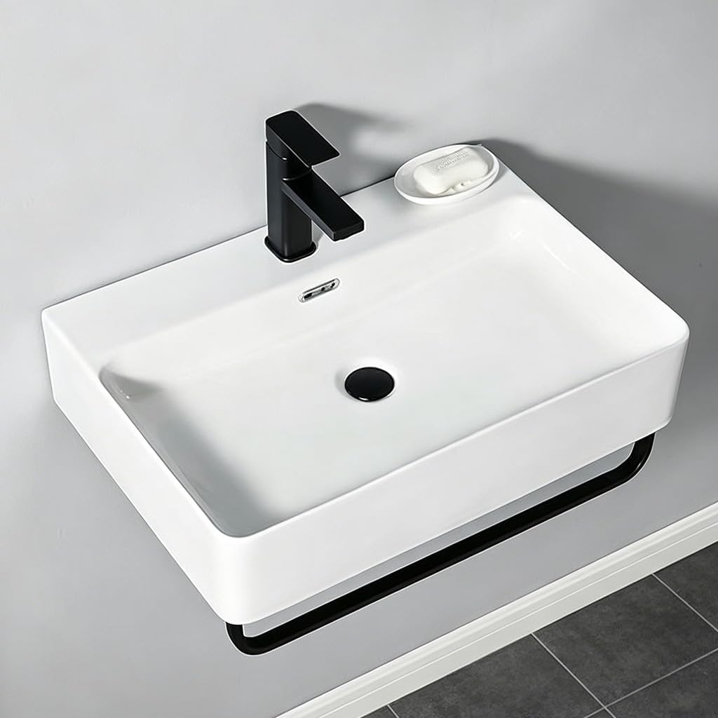 White Ceramic Wall Mounted Sink For Bathroom,24 * 14in Rectangular Floating Sink With Towel Bar,Modern Wall-Hung Bathroom Sink With Overflow