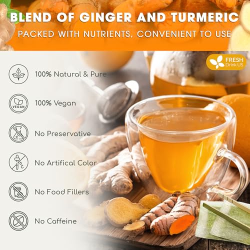 Image of FRESHDRINKUS Premium 65 Turmeric Ginger Tea Bags, 100% Natural Ingredients, Hand-made Blend of and Ginger, Eco-conscious Bags. Herbal Tea. No Sugar, Caffeine, Gluten, Vegan.