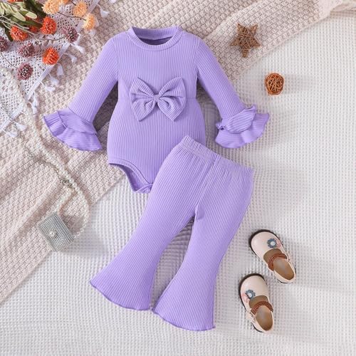 Baby Girls Outfits Sets Casual Playwear Pure Color Round Neck Top with Bow Tie Sleeves and Flared Pants Comfy3
